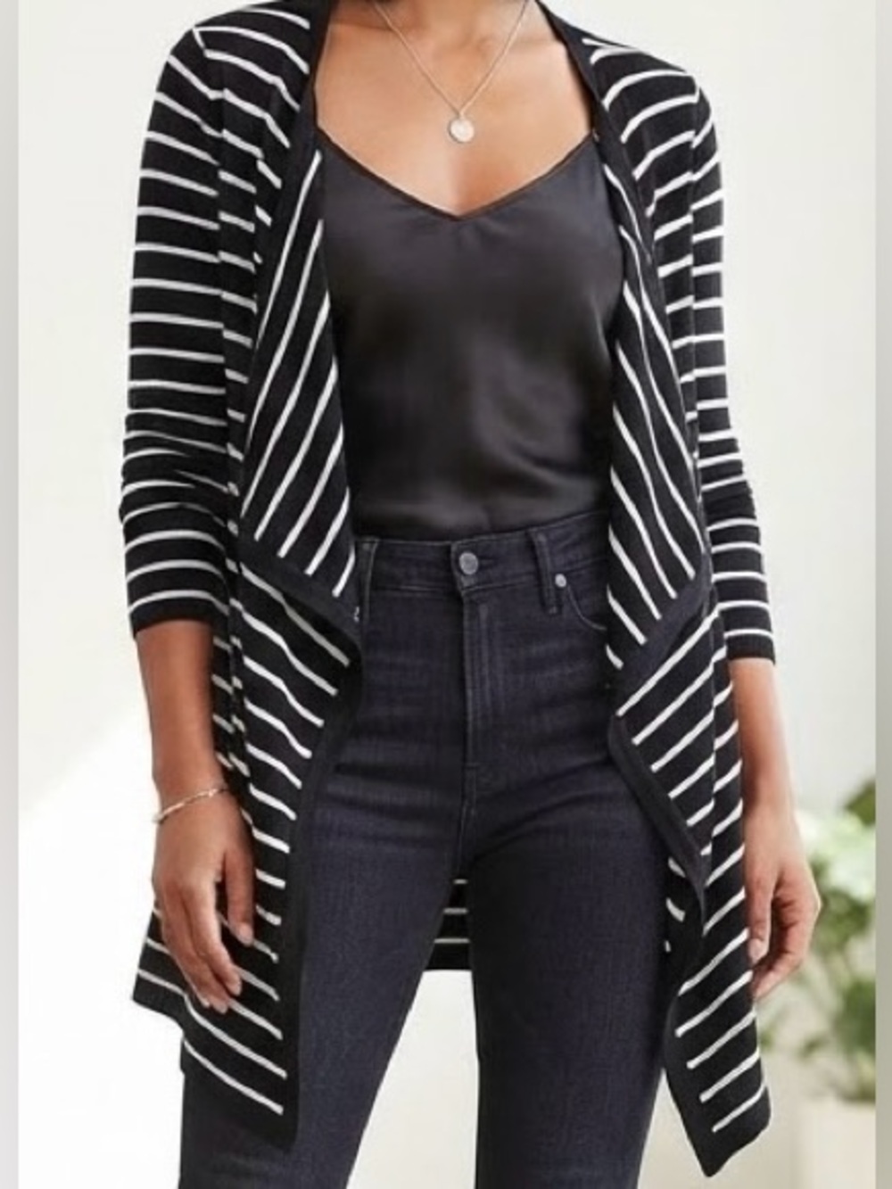 Bajee Collection by BeCool Black & White Striped Waterfall Open Front Cardigan S